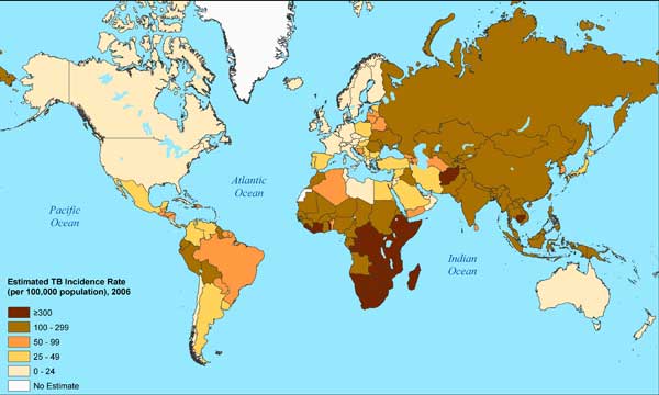 a map showing the number of registered cases of Tuberculosis in each country
